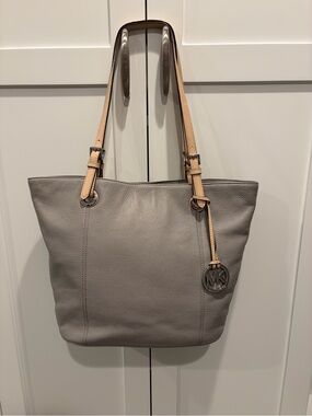 Michael Kors Gray Pebbled Leather Tote with Tan Straps